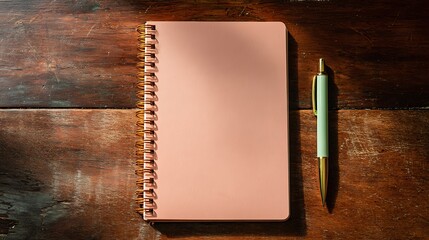 A pink notebook with gold spiral binding and a light green and gold pen on a wooden surface top view