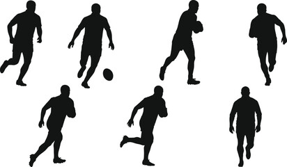 Rugby and American football player running and ball action silhouettes, sports collection, vector illustration