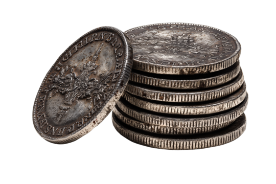 Antique coins with milled edges and oxidized texture, isolated on transparent background.
