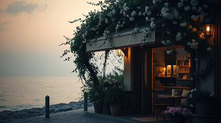 A cozy, romantic cafe on the ocean shore at sunset, illuminated by evening lights. Sea waves, tables, chairs, and lanterns.