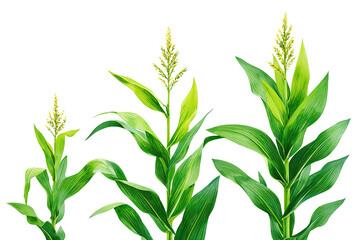 Fototapeta premium Corn stalks at different heights showing ears and silks, isolated on transparent background. 