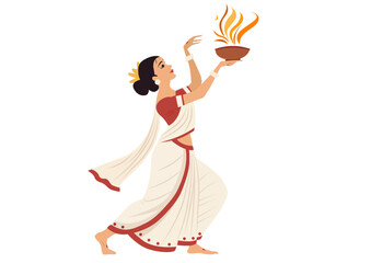 Durga Puja  Dhunuchi Dance, Happy Navratri Traditional Bengali Dance, Woman Performing Traditional Indian Dance with Fire