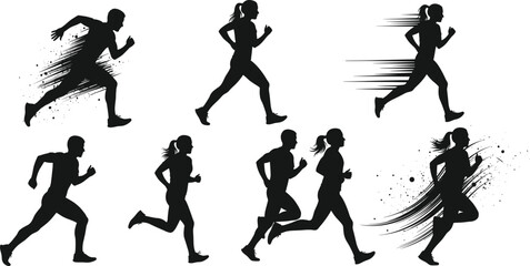Running silhouettes with motion effects, male female jogger fitness sport vector illustration