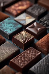 Assorted gourmet chocolates with intricate designs arranged closely together overhead view
