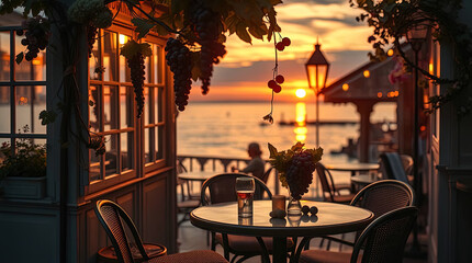A cozy, romantic cafe on the ocean shore at sunset, illuminated by evening lights. Sea waves, tables, chairs, and lanterns.