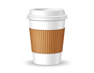 A white disposable coffee cup with a tan paper sleeve.  Realistic 3D rendering