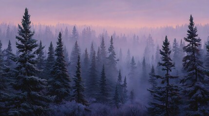 A misty forest landscape with towering pine trees under a pastel colored sky at dusk or dawn hour