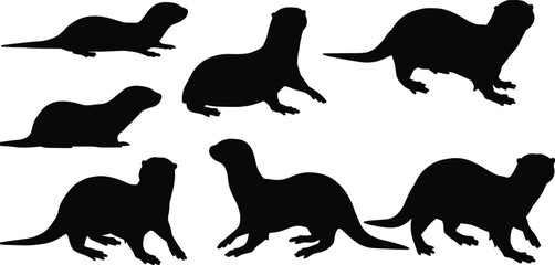 otter, marine, wildlife, animal, mammal, silhouette, icon, vector, illustration, black, white, lying, standing, walking, posture, anatomy, aquatic, nature, study, design, behavior