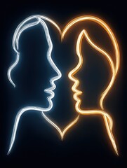 Obraz premium neon line art poster Romantic Line Art of Faces Forming a Heart in Neon Lights glow decor for bedroom and lounge poster