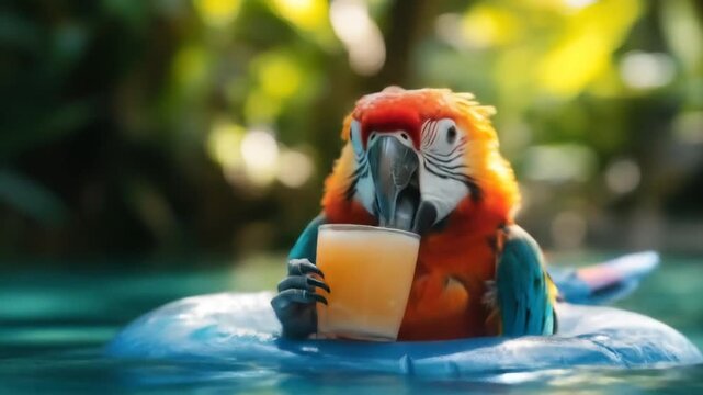Parrot drinking juice pool float