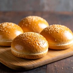Four sesame seed buns on a wooden board (1)