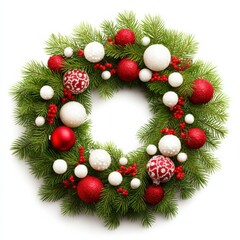 A festive Christmas wreath with green pine branches, red and white ornaments, and red berries arranged in a circular shape on a white background