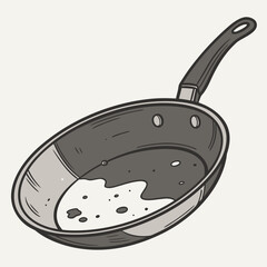 A simple hand drawn illustration of a frying pan with some liquid and small food particles inside it
