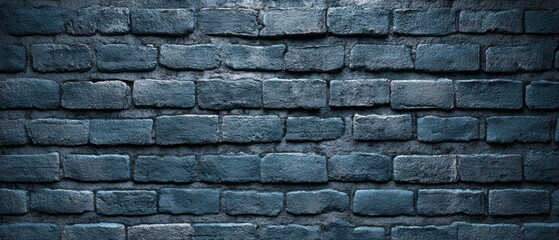 Obraz premium A dark blue brick wall with a rugged, textured surface, illuminated by soft lighting, creating a moody urban backdrop