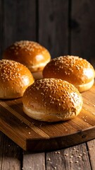 Four sesame seed buns on a wooden board (2)