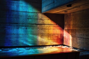 Colorful light filters through a window, casting a vibrant rainbow on a textured concrete wall above a reflective water feature