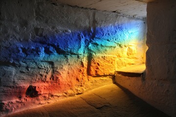 Colorful light is cast on a textured stone wall and steps, creating a vibrant rainbow effect in a dim interior space