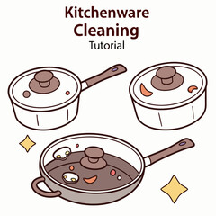 Kitchenware cleaning tutorial with sparkling pots and pans and cooking utensils