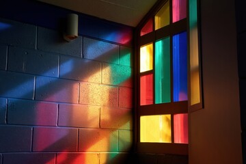 Colorful light from a stained glass window casts vibrant patterns across a textured blue brick wall in a quiet interior space