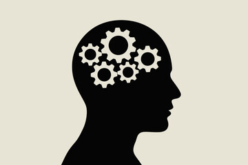 Silhouette of a head with gears turning inside, symbolizing thought and ideas.