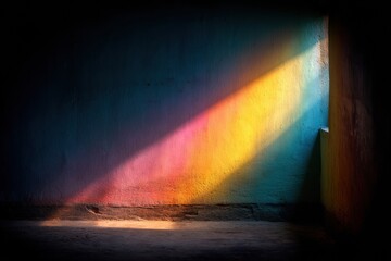 A vibrant beam of rainbow light enters a dark room through a window, casting colorful patterns on the wall and floor