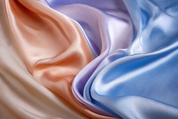 Soft, pastel-colored silk fabric with a smooth, shiny texture, featuring gentle folds in peach, lavender, and blue hues