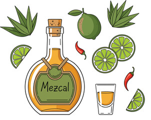 Vector Flat Lay of Mezcal with Agave and Citrus