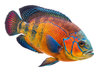 Vibrant Oscar Fish with Blue and Orange Markings Isolated aquatic animal isolated on a transparent background