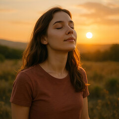 A young woman relaxes and breathes in the fresh air at sunset, unwinding against a beautiful backdrop.