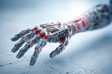 A highly detailed robotic hand with visible mechanical components is extended over a technical blueprint background