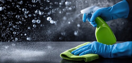 Cleaning with gloves and spray bottle