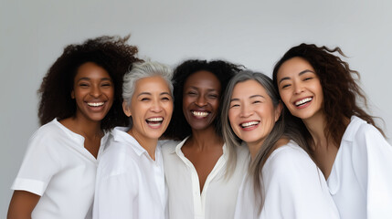 Group of diverse women of different ages laughing together in white shirts, celebrating natural beauty, confidence and body positivity women of all ages photo, body positivity phot
