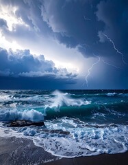 Dramatic seascape with stormy sky and lightning