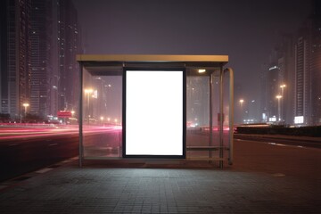 A modern bus stop with a blank billboard at night, surrounded by city lights and tall buildings on a quiet urban street