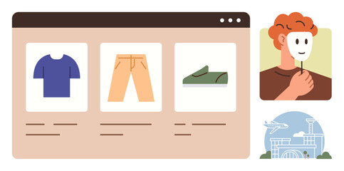 Clothing store webpage featuring shirt, pants, shoes side visuals of person holding mask, airport view. Ideal for e-commerce, travel, self-expression, technology, lifestyle identity simplicity © robu_s
