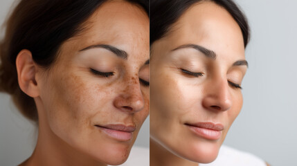 Close-up of female face before and after treatment, visible difference in skin with open pores, pigmentation and melasma, concept of skincare and cosmetic procedures before after s