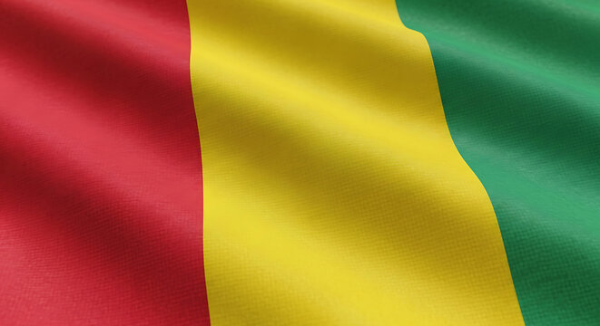Closeup shot of the national flag of guinea waving in the wind, showcasing its vibrant red, yellow, and green vertical stripes, symbolizing the countrys rich history, culture, and aspirations for the