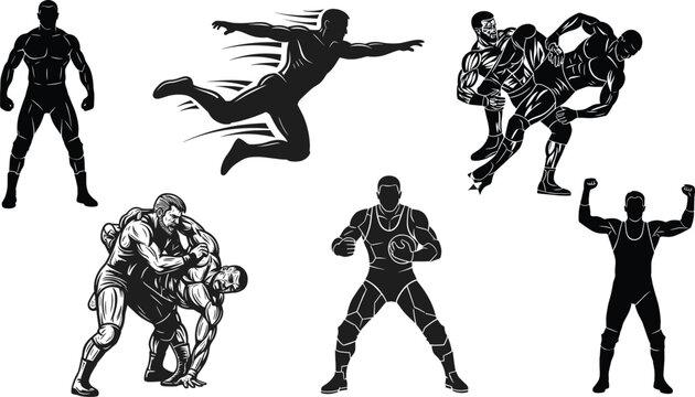 Wrestling and MMA fighter silhouettes, combat sport poses and action illustrations, vector illustration