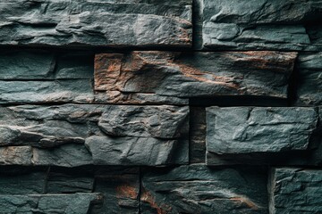 Rough, textured stone bricks stacked in a wall, featuring dark gray hues with subtle hints of brown and orange accents