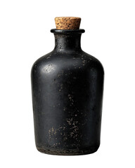 Matte black apothecary bottle with cork and tapered neck, isolated on transparent background.

