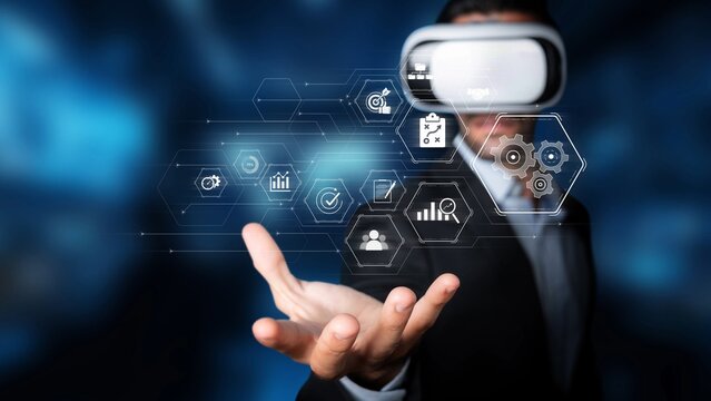 A businessman wearing a virtual reality headset showcases a digital interface with various icons, symbolizing innovation and modernization in technology and business sectors. Raster - Powered by Adobe