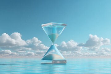 A glass hourglass stands on calm water under a blue sky with fluffy white clouds, symbolizing the passage of time and tranquility