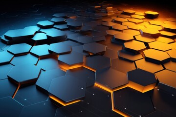 Futuristic hexagonal tiles with glowing blue and orange lights create a dynamic, high-tech abstract surface
