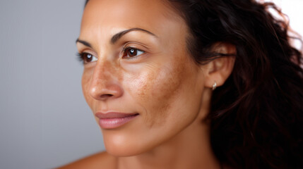 Macro close-up of womanâs cheek with visible pigmentation spots and uneven skin tone, detailed skin texture, concept of dermatology, melasma, hyperpigmentation and cosmetic treatme