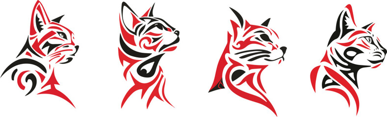 Vector art of four tribal cat head designs, perfect for tattoo art