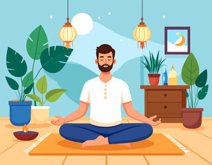 A peaceful illustration of a bearded man meditating in a lotus pose indoors, surrounded by lush plants and soft lighting. The scene promotes tranquility, mindfulness, and spiritual well-being.