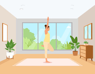 A serene illustration of a woman practicing yoga in a tranquil room, performing a tree pose. The scene conveys a sense of calm, balance, and the benefits of home wellness activities.