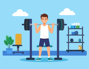 An illustration of a young man performing squats with a barbell at the gym, symbolizing strength training, fitness, and a healthy lifestyle.