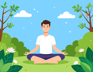 A peaceful illustration of a man meditating in a lotus position in a forest or park, surrounded by trees and a river, symbolizing mindfulness, tranquility, and a connection with nature.