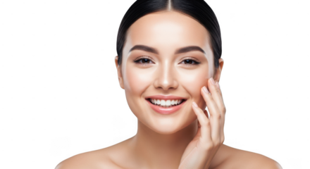 A beautiful young woman with dark hair pulled back smiles, touching her face gently isolated on transparent background